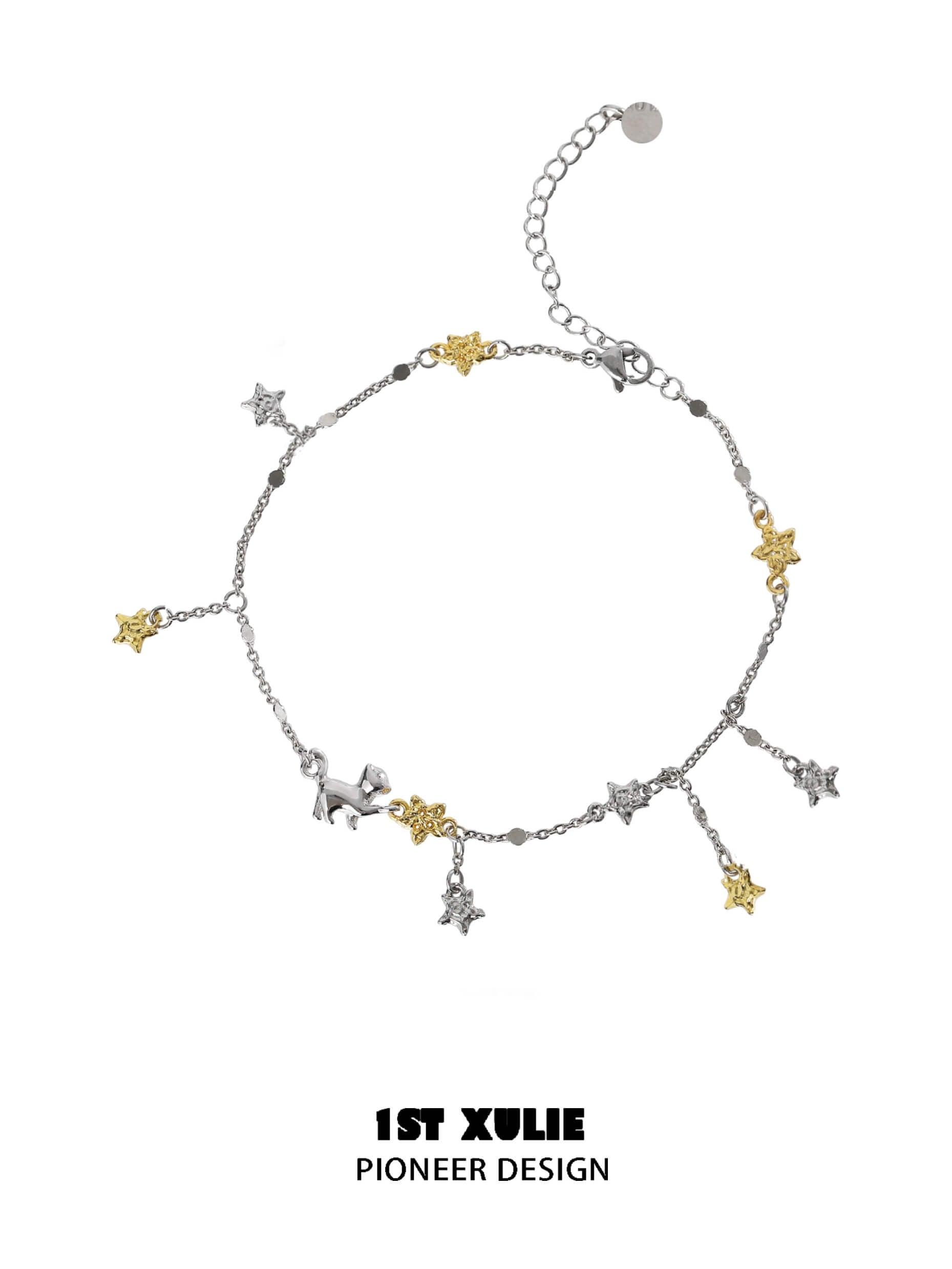 1ST XULIE "Cat's Gaze" Dainty Star Tassel Anklet in 925 Sterling Silver - On Model