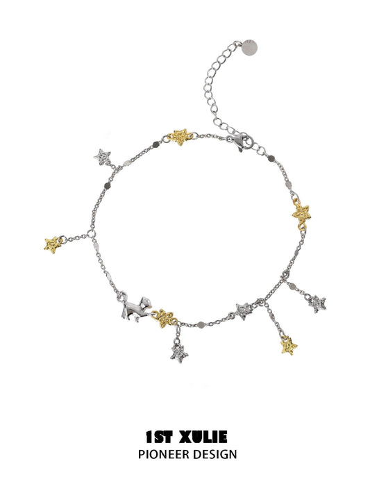 1ST XULIE "Cat's Gaze" Dainty Star Tassel Anklet in 925 Sterling Silver - On Model