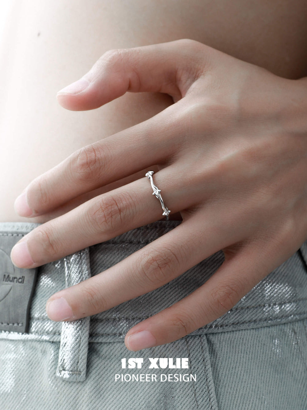1ST XULIE "Silver Angel" Dainty Star Zircon Ring in 925 Sterling Silver - On Model Close-Up