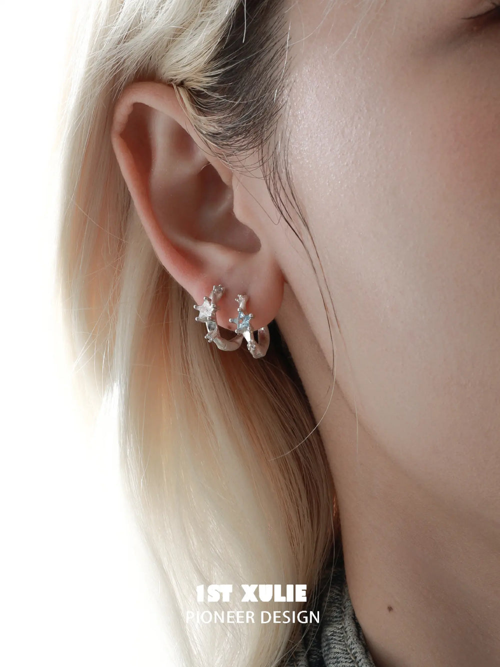 1ST XULIE Jewelry "Silver Angel" Dainty Star Zirconia Huggie Hoops in 925 Sterling Silver - On Model Close Up