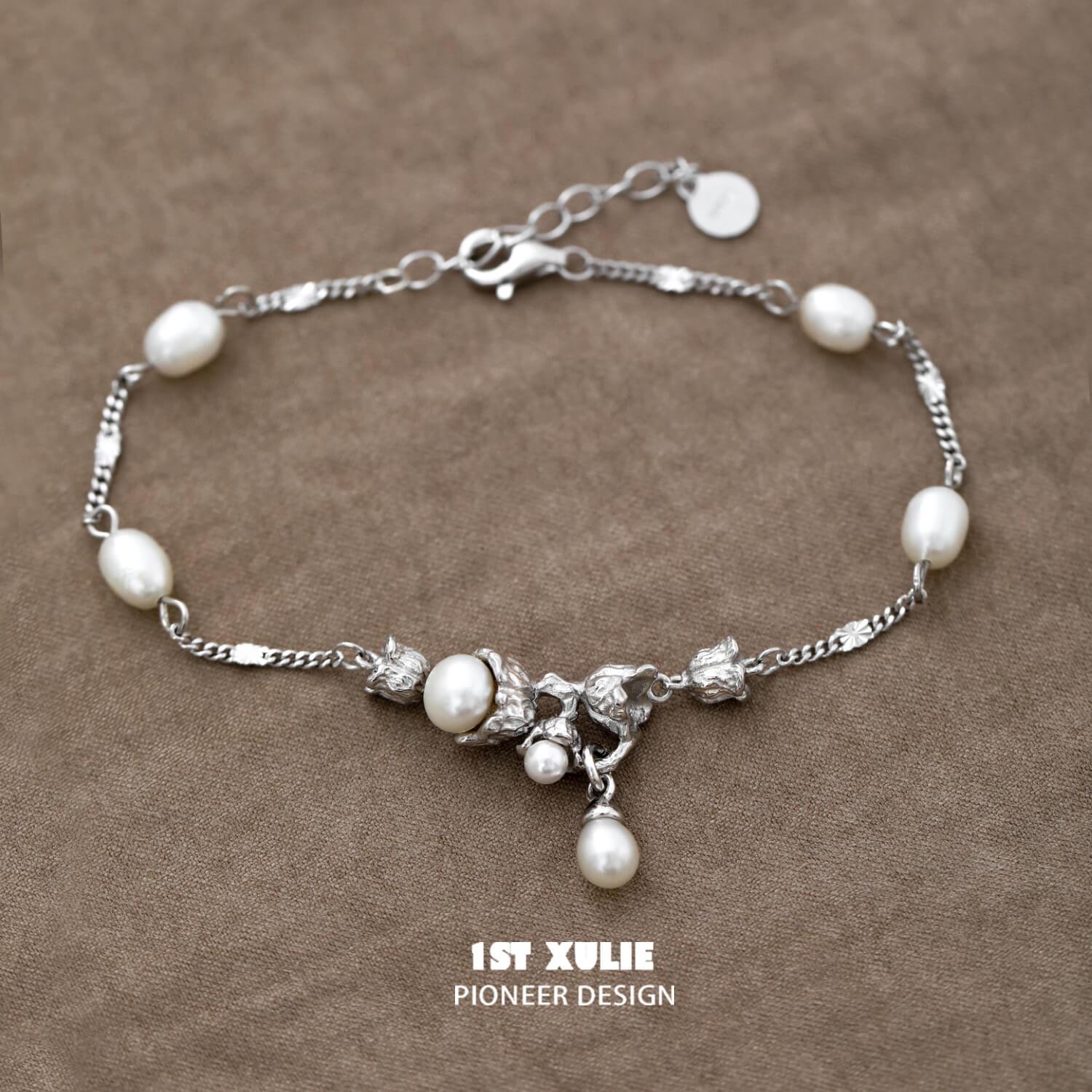 1ST XULIE "Tears of Mermaid" Dainty Tulip Pearl Chain Bracelet in 925 Sterling Silver - On Model Close-Up