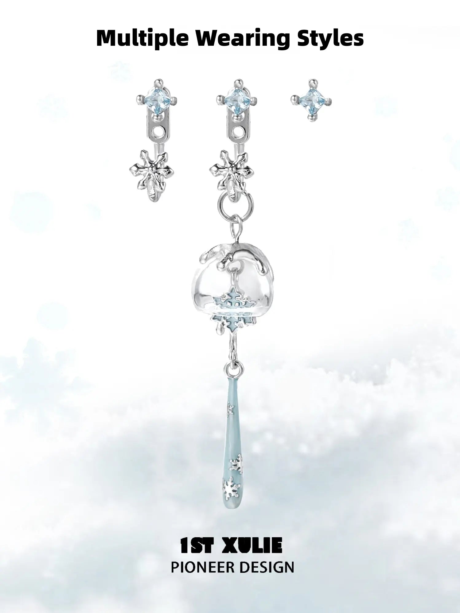 1ST XULIE Jewelry "Snow Land" Delicate Snowflake Dangle Earrings in Platinum Plated - Angle 1