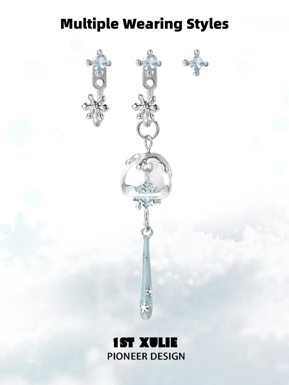 1ST XULIE Jewelry "Snow Land" Delicate Snowflake Dangle Earrings in Platinum Plated - Angle 1