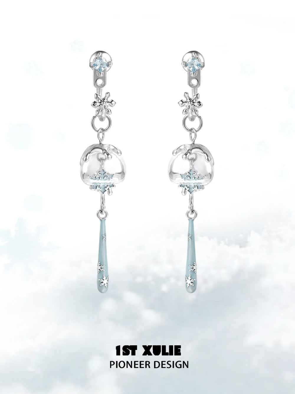 1ST XULIE Jewelry "Snow Land" Delicate Snowflake Dangle Earrings in Platinum Plated - Detail Shot