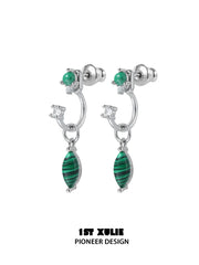 1ST XULIE Jewelry "Stone Age" Detachable Gemstone Drop Earrings with Green Malachite in Platinum Plated - Detail Shot