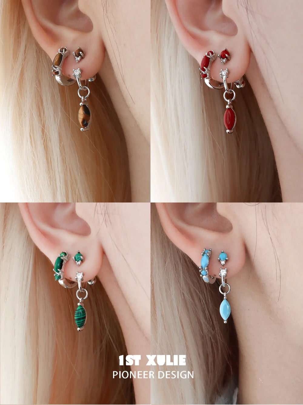 "Stone Age" Platinum Plated Detachable Gemstone Charm Huggie Hoop Earrings - Image 18
