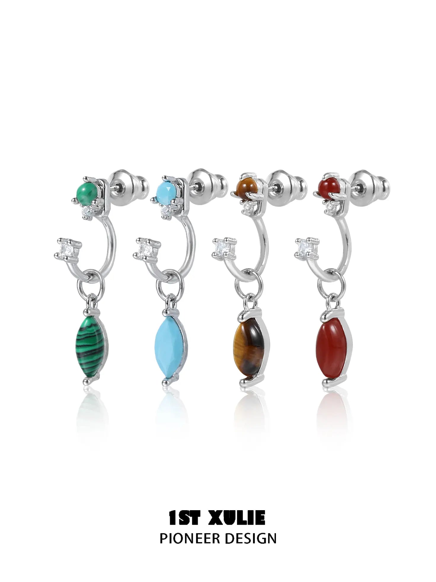 "Stone Age" Platinum Plated Detachable Gemstone Charm Huggie Hoop Earrings - Image 12