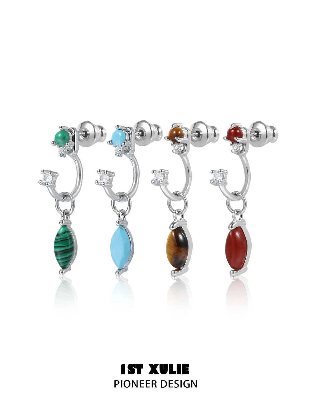 "Stone Age" Platinum Plated Detachable Gemstone Charm Huggie Hoop Earrings - Image 12