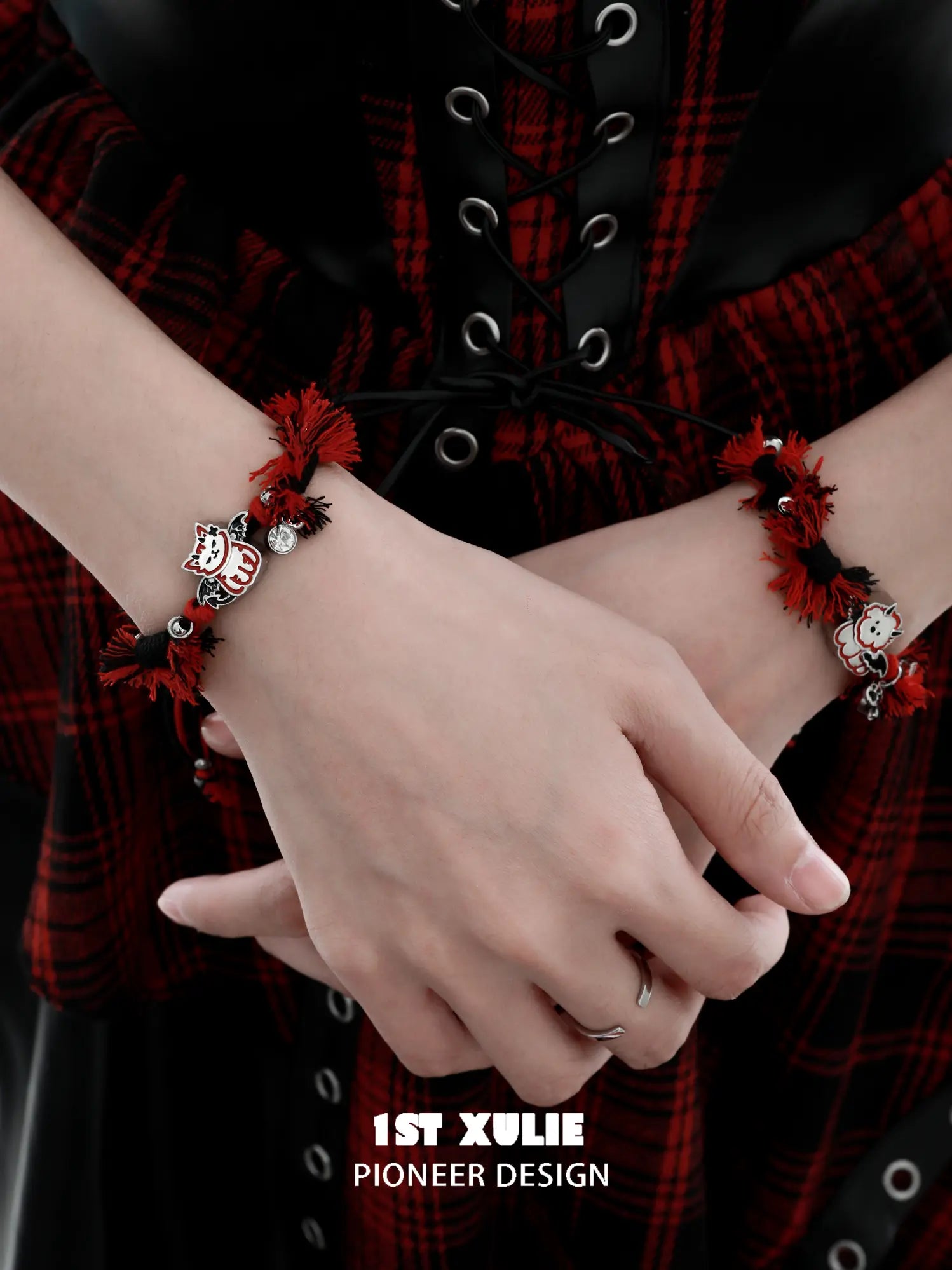1ST XULIE Jewelry "DEMON CUTIES" Devil Kitten & Puppy Charm Bracelet in Platinum Plated Brass - On Model
