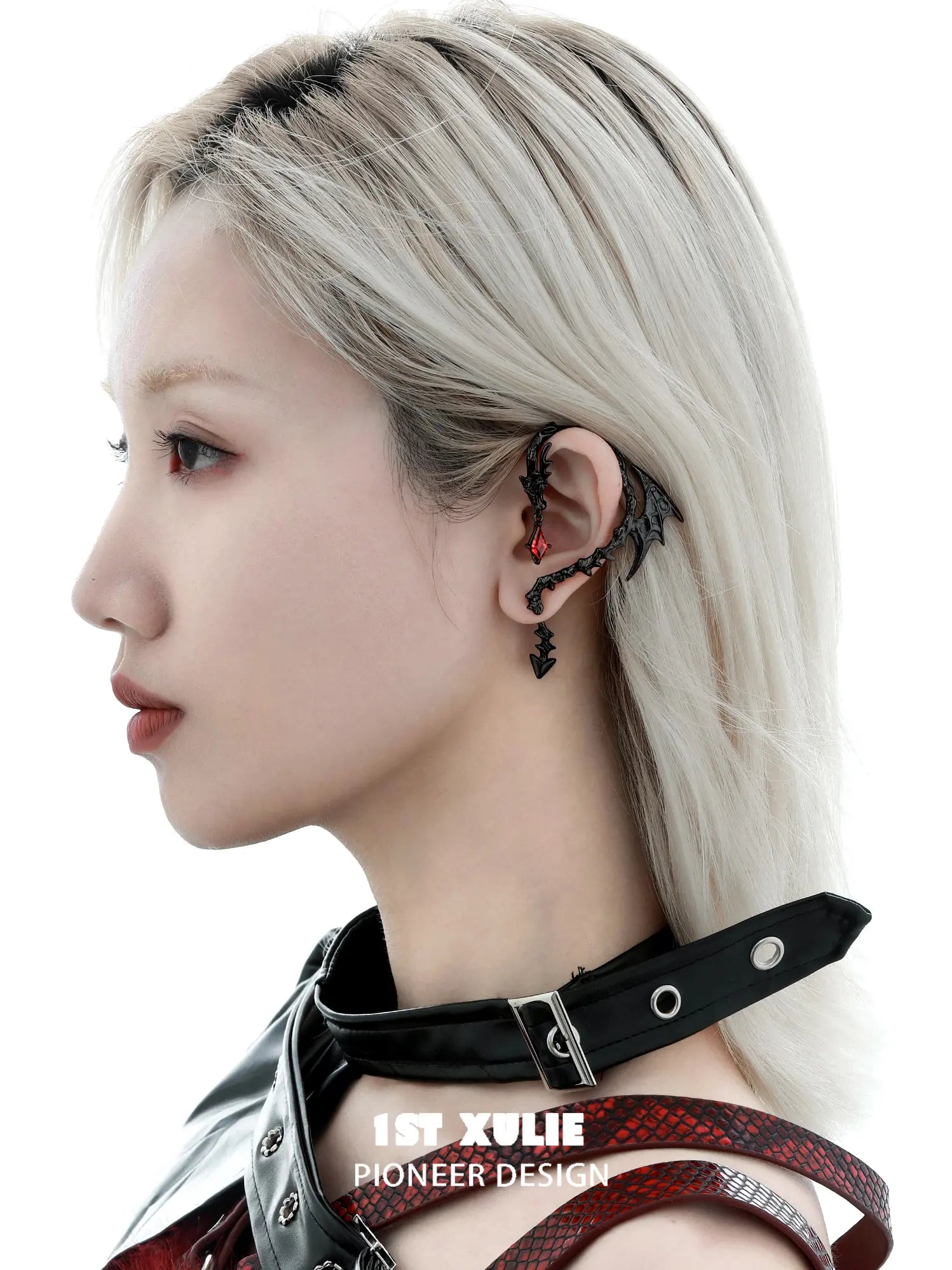 1ST XULIE Jewelry "Infernal Dragon Relic" Dragon Bone Ear Climber Earring in Black Gold Plated - Angle View