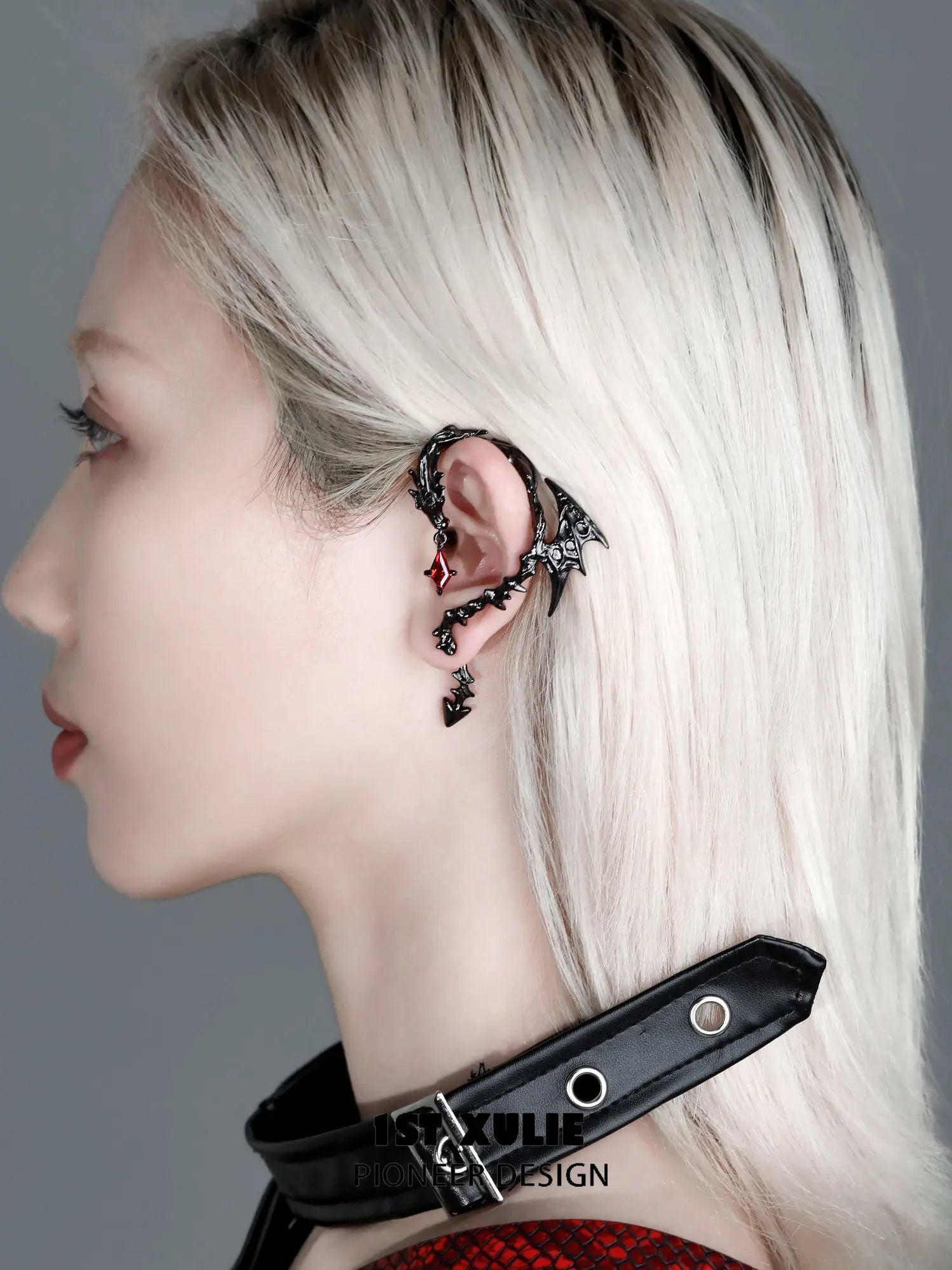 1ST XULIE Jewelry "Infernal Dragon Relic" Dragon Bone Ear Climber Earring in Black Gold Plated - Angle View