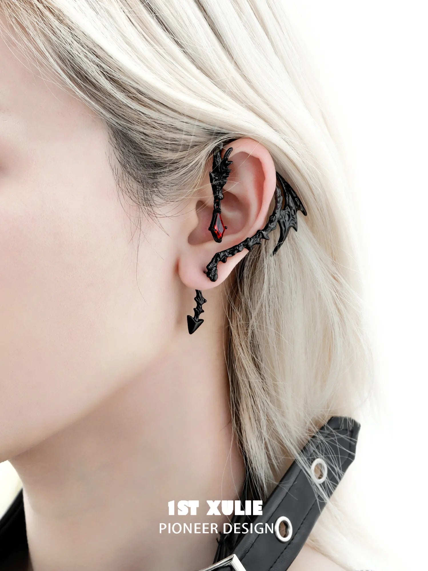 1ST XULIE Jewelry "Infernal Dragon Relic" Dragon Bone Ear Climber Earring in Black Gold Plated - Lifestyle Shot