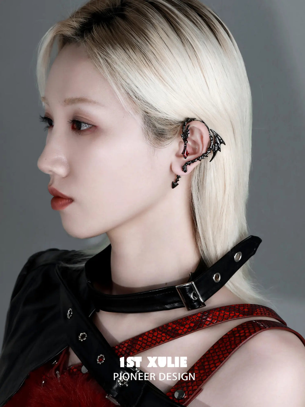 1ST XULIE Jewelry "Infernal Dragon Relic" Dragon Bone Ear Climber Earring in Black Gold Plated - Product View