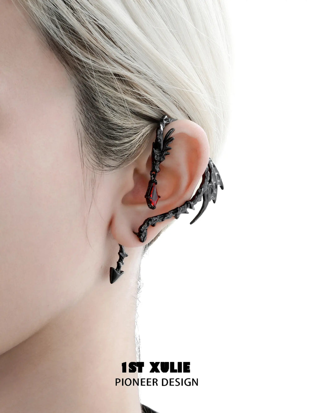 1ST XULIE Jewelry "Infernal Dragon Relic" Dragon Bone Ear Climber Earring in Black Gold Plated - On Model