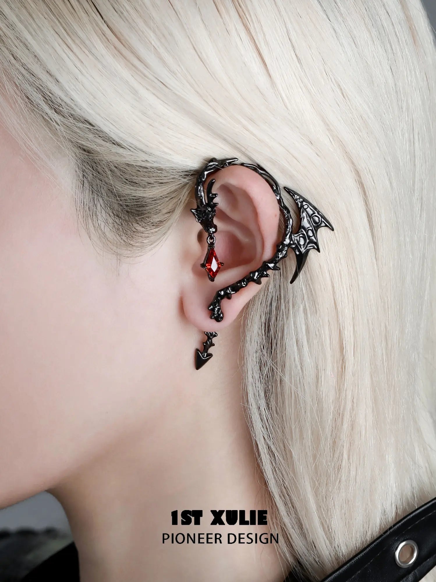 1ST XULIE Jewelry "Infernal Dragon Relic" Dragon Bone Ear Climber Earring in Black Gold Plated - Packaging View