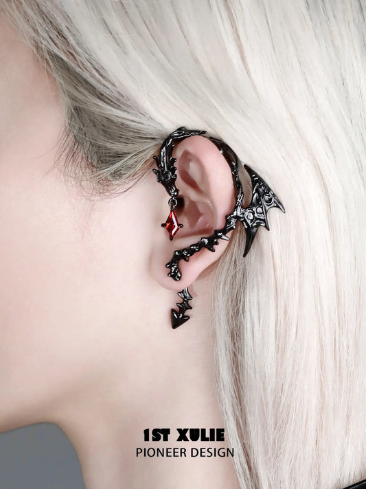 1ST XULIE Jewelry "Infernal Dragon Relic" Dragon Bone Ear Climber Earring in Black Gold Plated - Side View