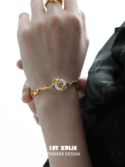1ST XULIE "Loong" Sculptural Flowing Dragon Jade Cuff Bracelet in Platinum Plating - Detail Shot