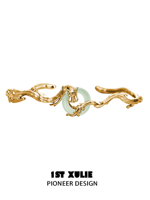 "Loong" Platinum Plated Sculptural Flowing Dragon Jade Cuff Bracelet, Open End Bangle