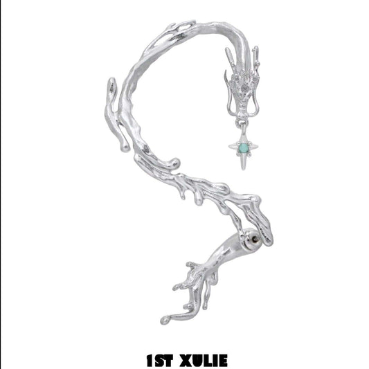 1ST XULIE "Loong" Dragon Opal Statement Dangle Ear Hooks in Platinum Plated - Side View