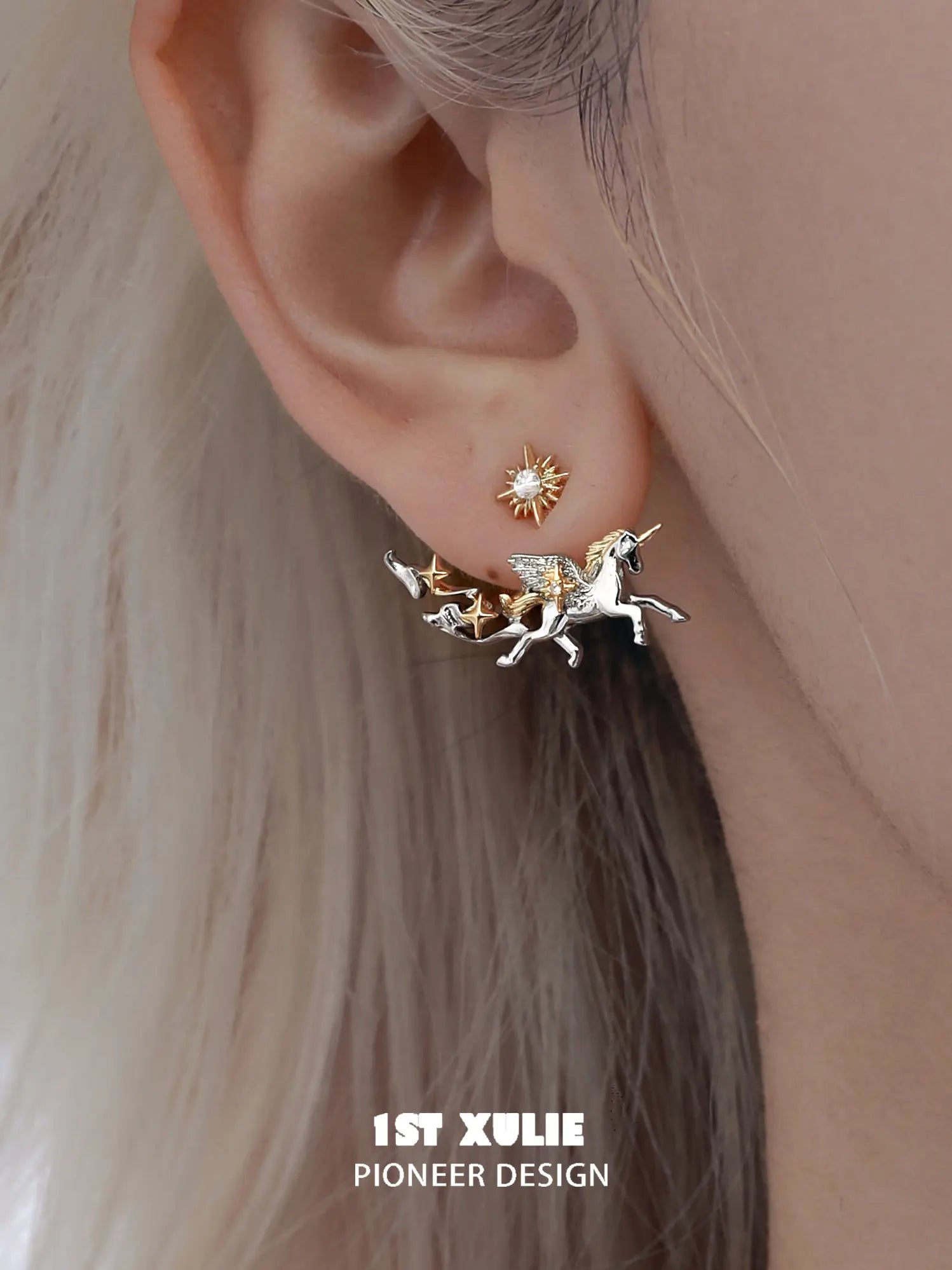 1ST XULIE "DREAM HORSE" Mythical Dream Horse Unicorn Stud Earrings in 18K Gold & Platinum Plating - Angle View