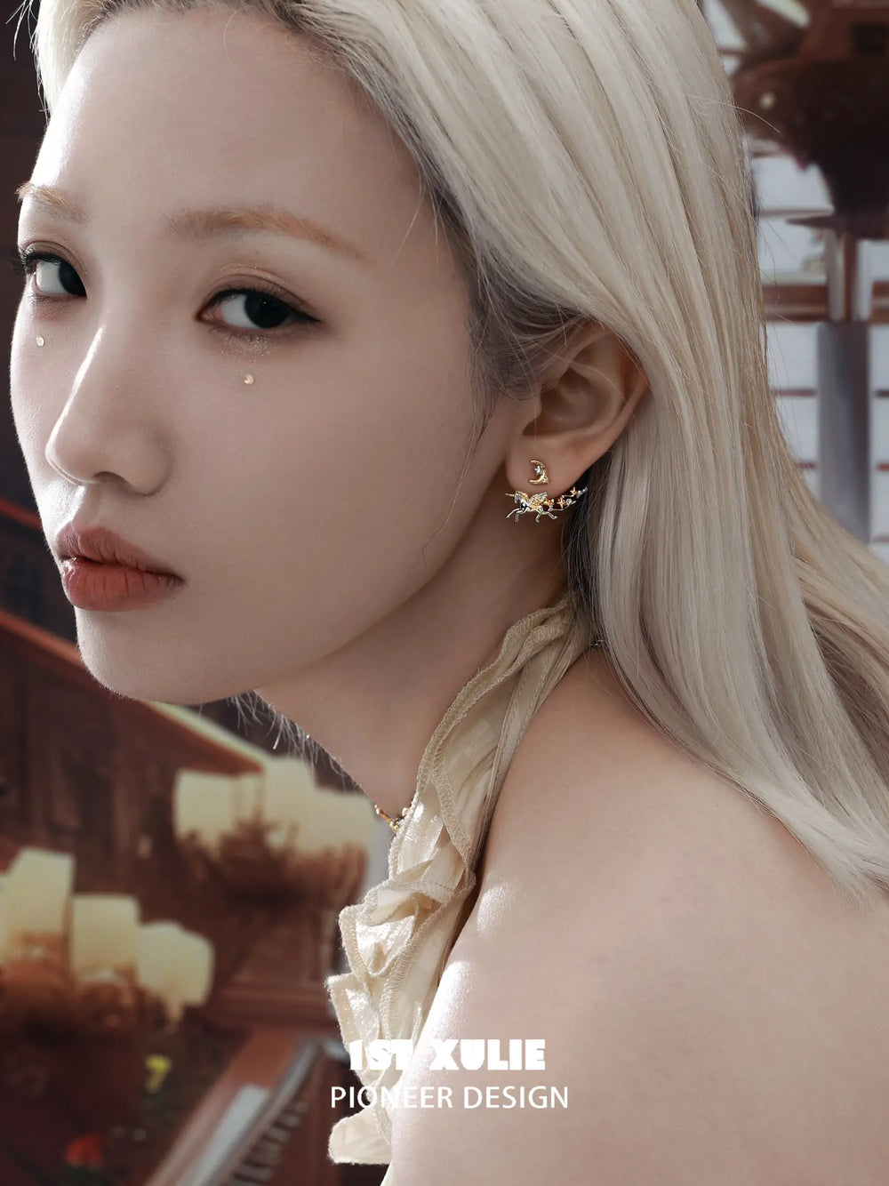 1ST XULIE "DREAM HORSE" Mythical Dream Horse Unicorn Stud Earrings in 18K Gold & Platinum Plating - Lifestyle Shot