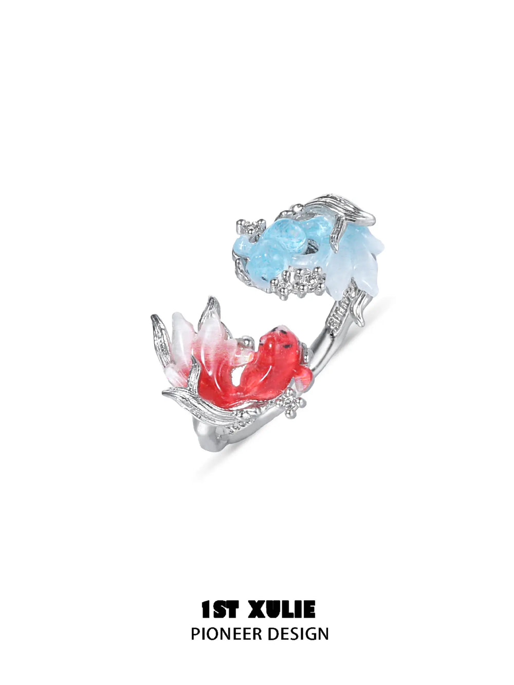 1ST XULIE Jewelry "THE SEA" Dreamcore 3D Resin Goldfish Adjustable Open Ring in 925 Sterling Silver - Detail Shot