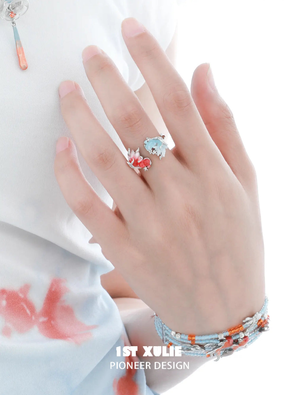 1ST XULIE Jewelry "THE SEA" Dreamcore 3D Resin Goldfish Adjustable Open Ring in 925 Sterling Silver - Lifestyle Shot