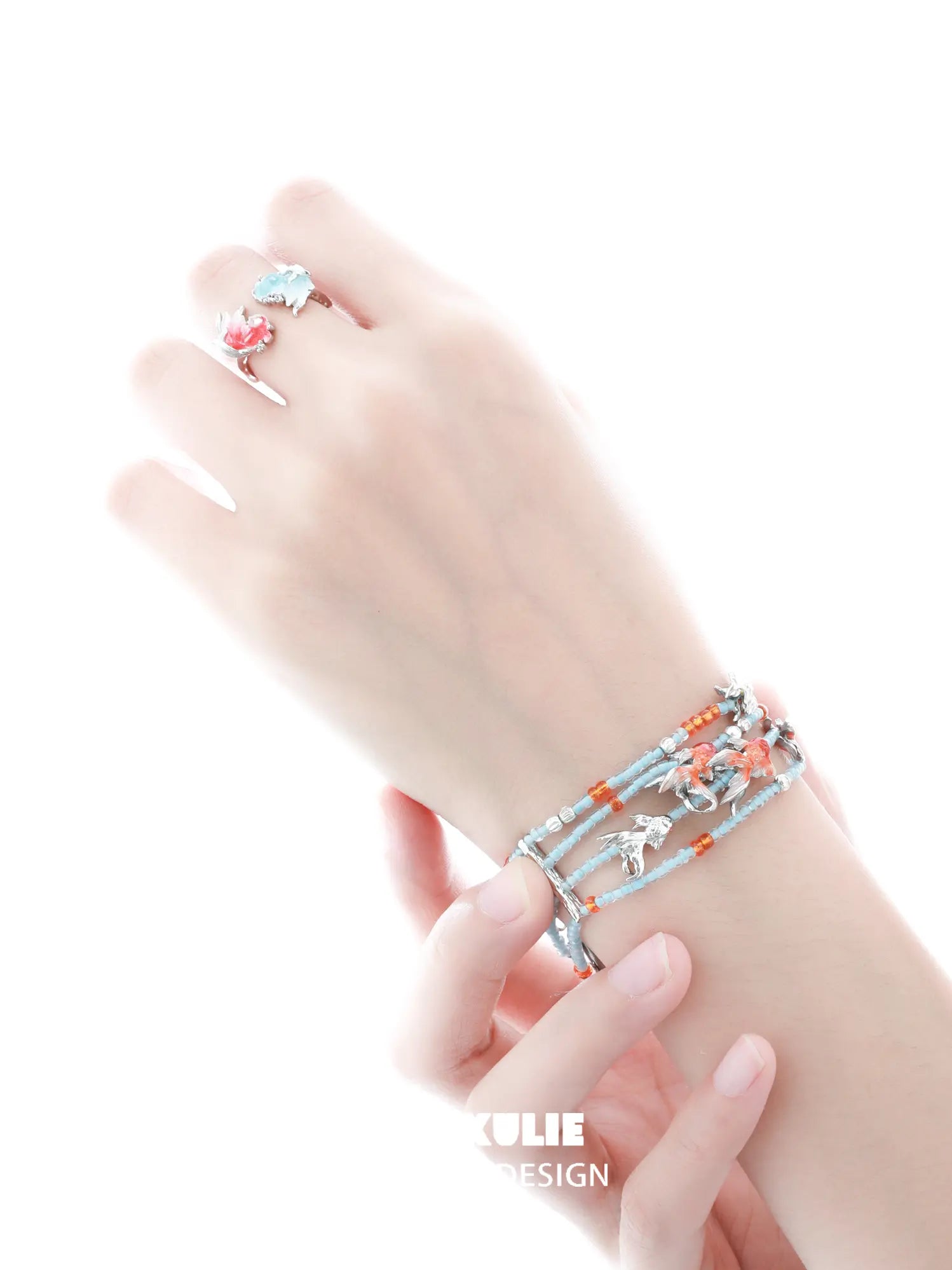 1ST XULIE Jewelry "THE SEA" Dreamcore 3D Resin Goldfish Adjustable Open Ring in 925 Sterling Silver - On Model