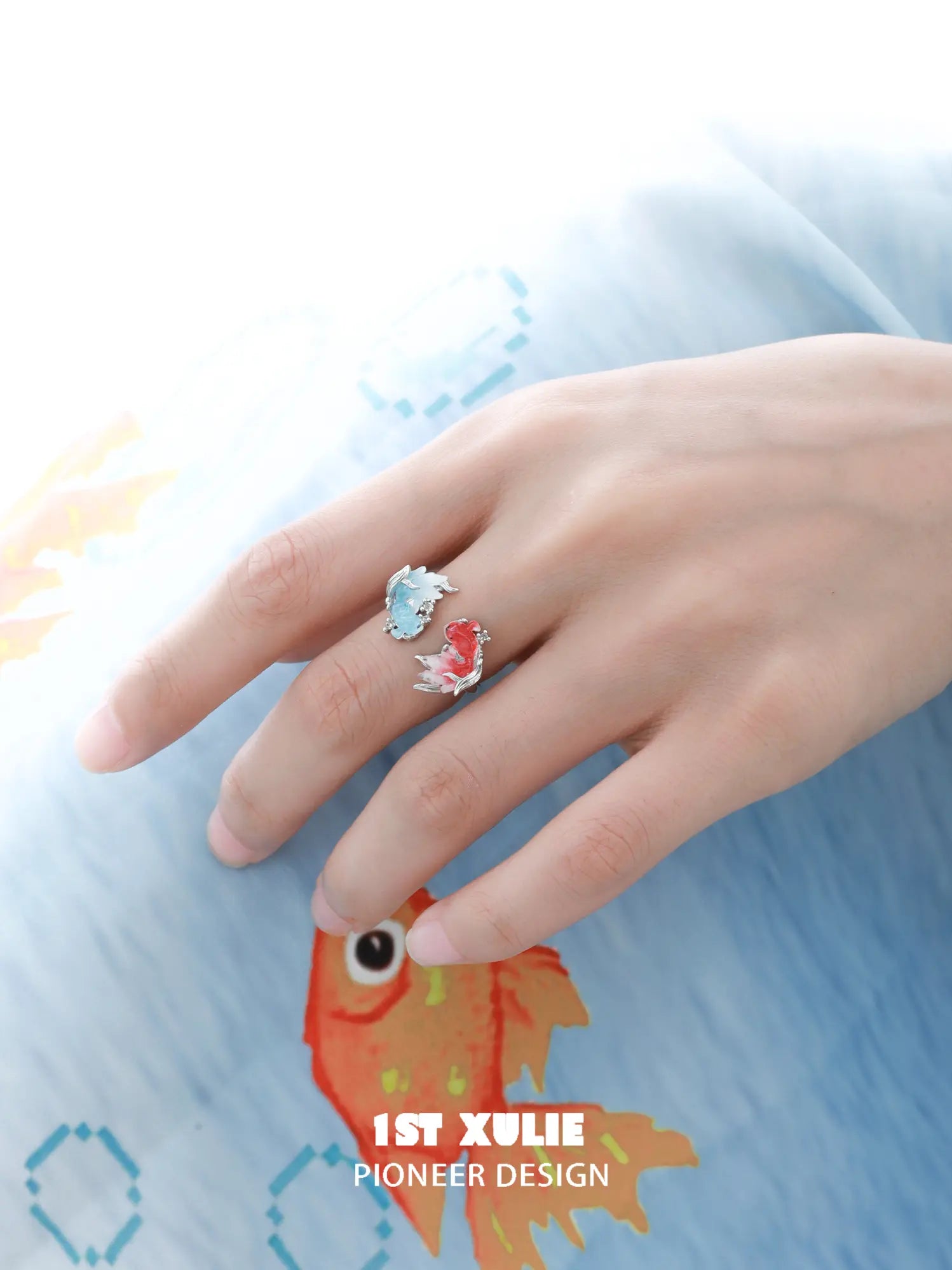 1ST XULIE Jewelry "THE SEA" Dreamcore 3D Resin Goldfish Adjustable Open Ring in 925 Sterling Silver - Side View