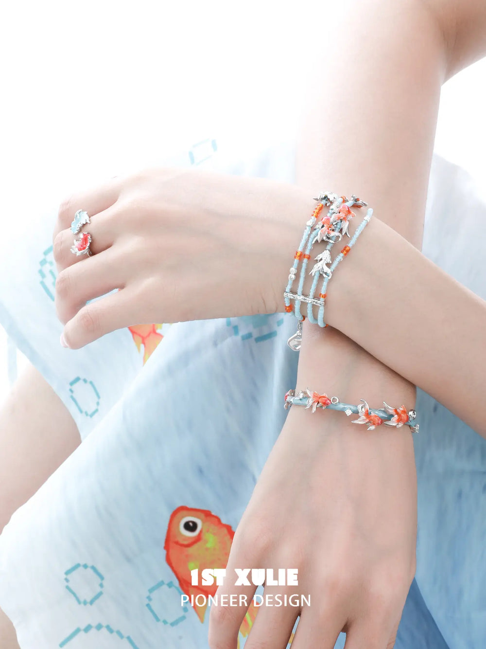 1ST XULIE Jewelry "THE SEA" Dreamcore 3D Resin Goldfish Adjustable Open Ring in 925 Sterling Silver - Texture