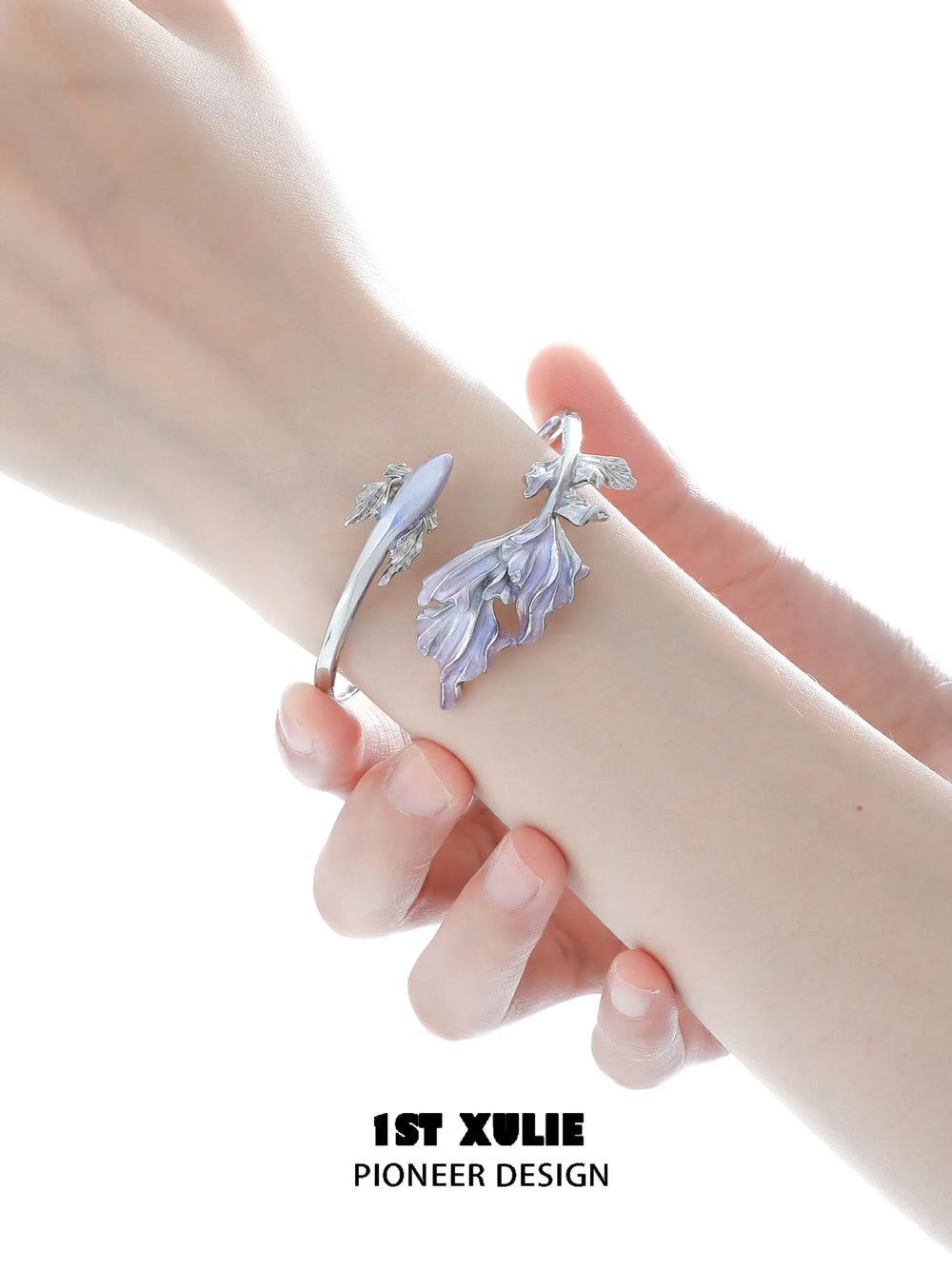 1ST XULIE Jewelry "THE SEA" Dreamy Enamel Swimming Fish Bangle in Platinum Plated Brass - Side View