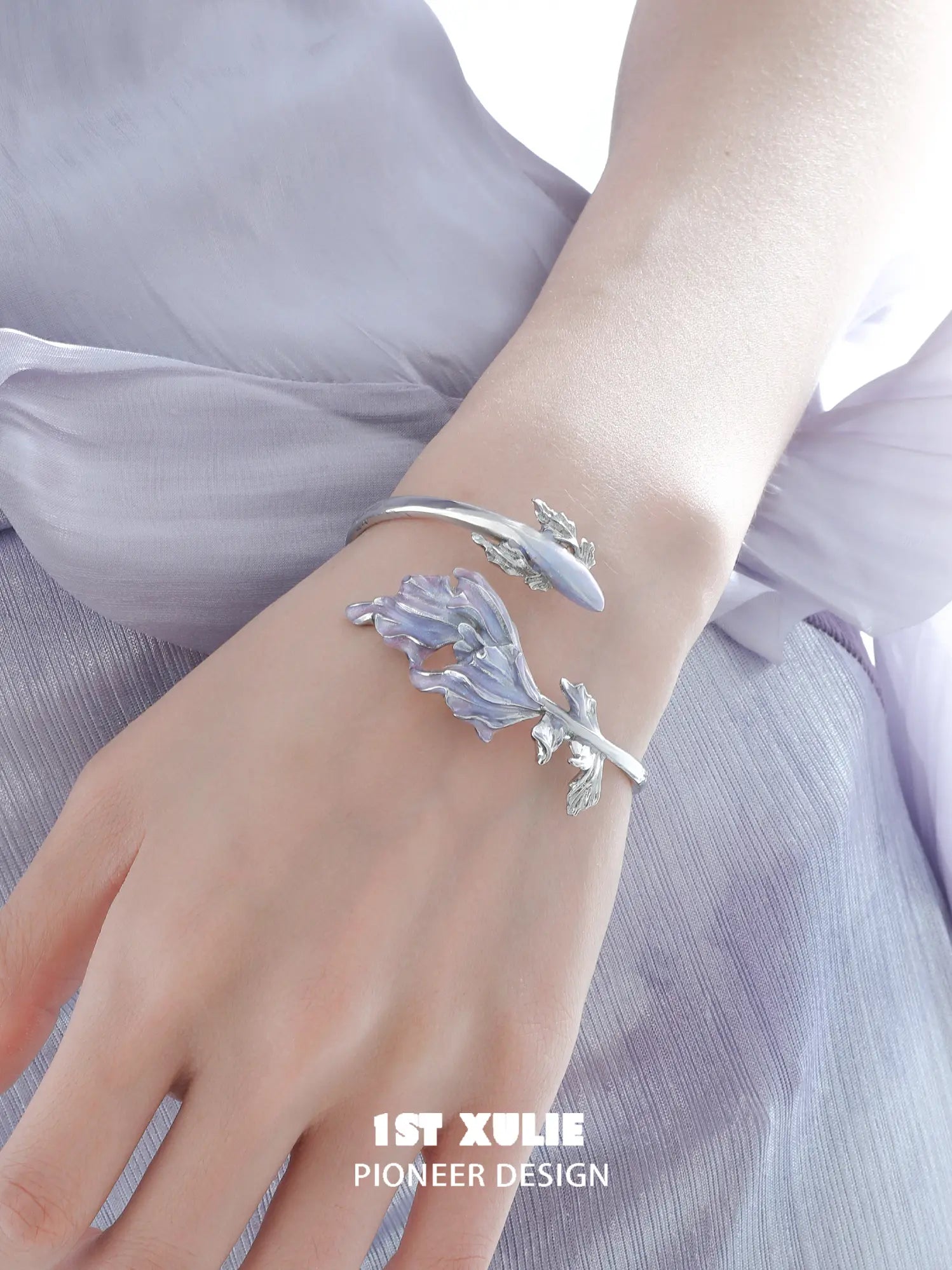 1ST XULIE Jewelry "THE SEA" Dreamy Enamel Swimming Fish Bangle in Platinum Plated Brass - On Model