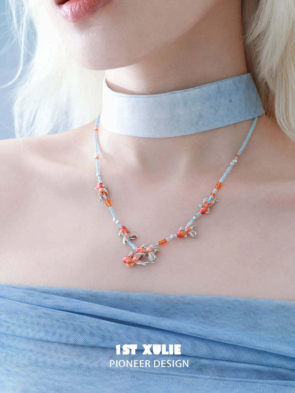1ST XULIE Jewelry "THE SEA" Dreamy Goldfish Beaded Necklace - Detail Shot
