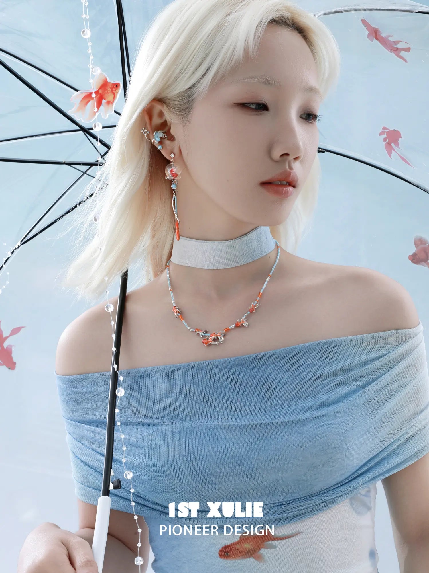 1ST XULIE Jewelry "THE SEA" Dreamy Goldfish Beaded Necklace - On Model Close Up