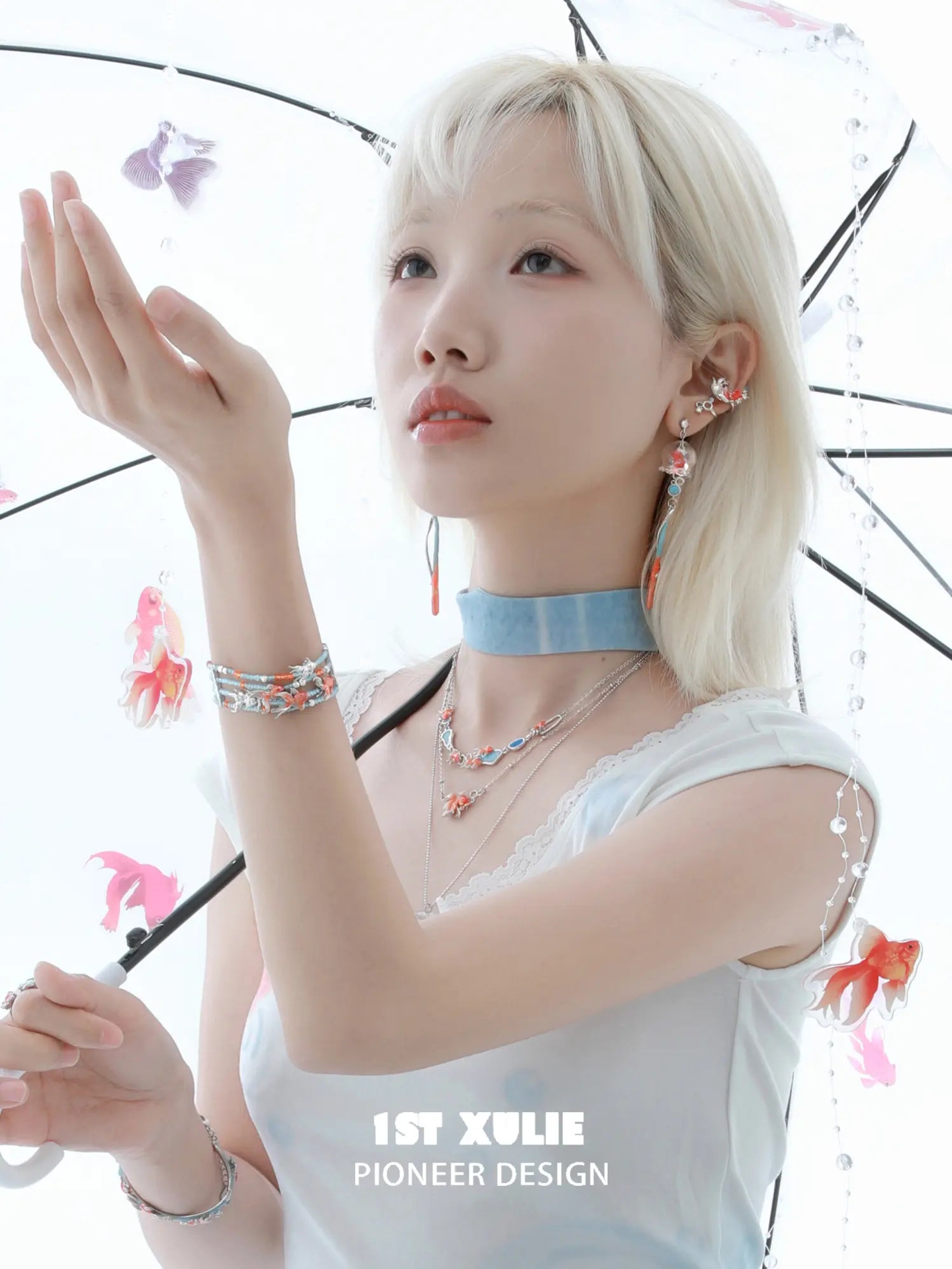 1ST XULIE Jewelry "THE SEA" Dreamy Goldfish Layered Pendant Necklace in Brass and Resin - Angle 1