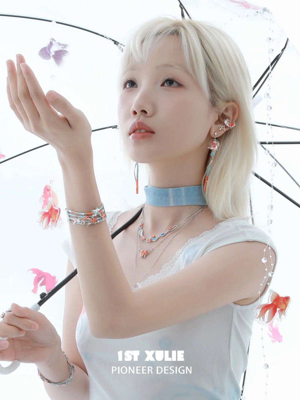 1ST XULIE Jewelry "THE SEA" Dreamy Goldfish Layered Pendant Necklace in Brass and Resin - Angle 1