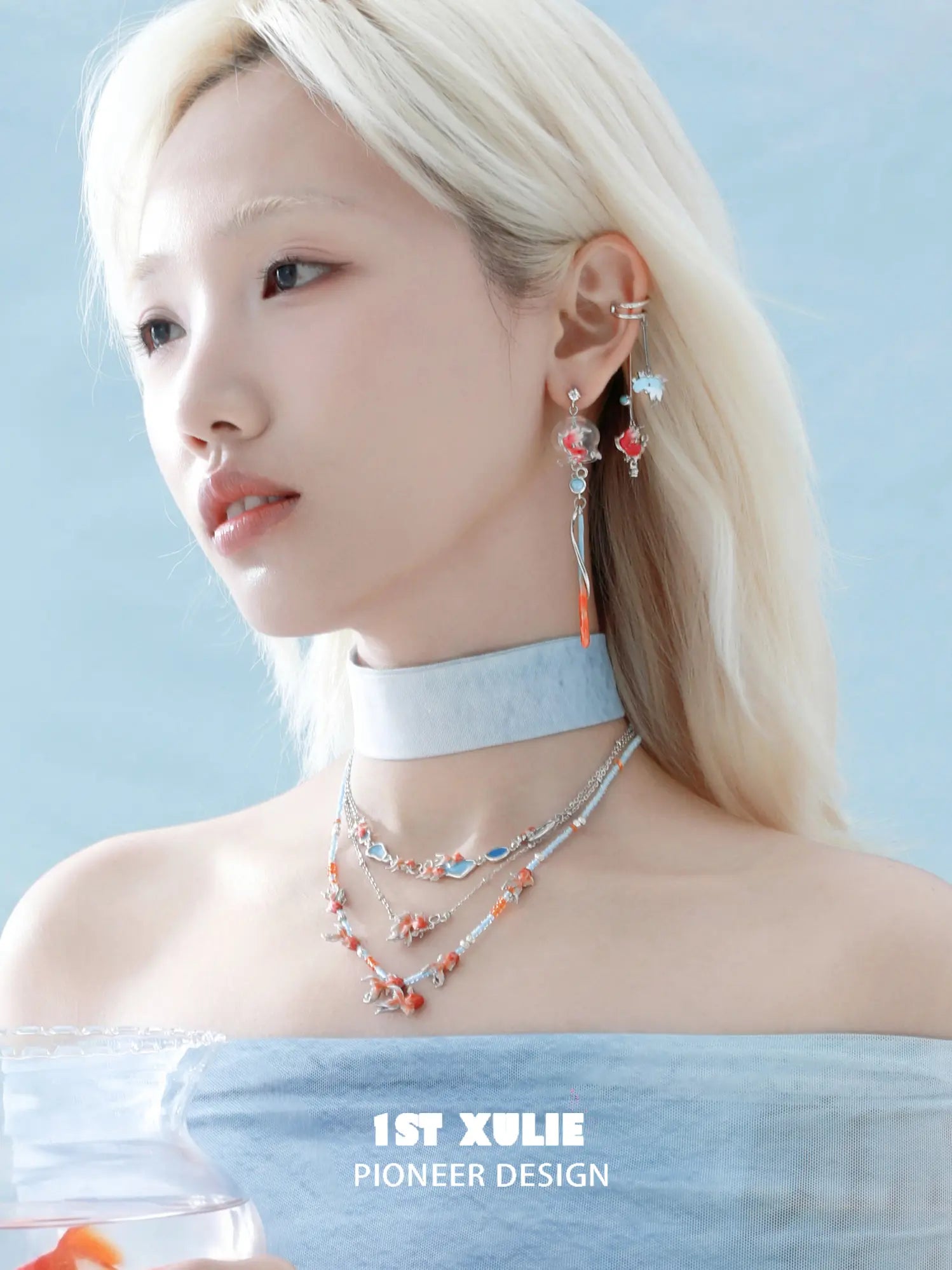 1ST XULIE Jewelry "THE SEA" Dreamy Goldfish Layered Pendant Necklace in Brass and Resin - Detail Shot