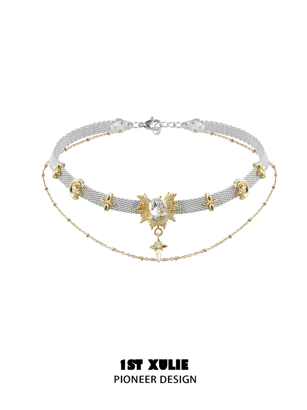 1ST XULIE "DREAM HORSE" Dreamy Unicorn Necklace in 18K Gold and Platinum Plated - On Model Close Up