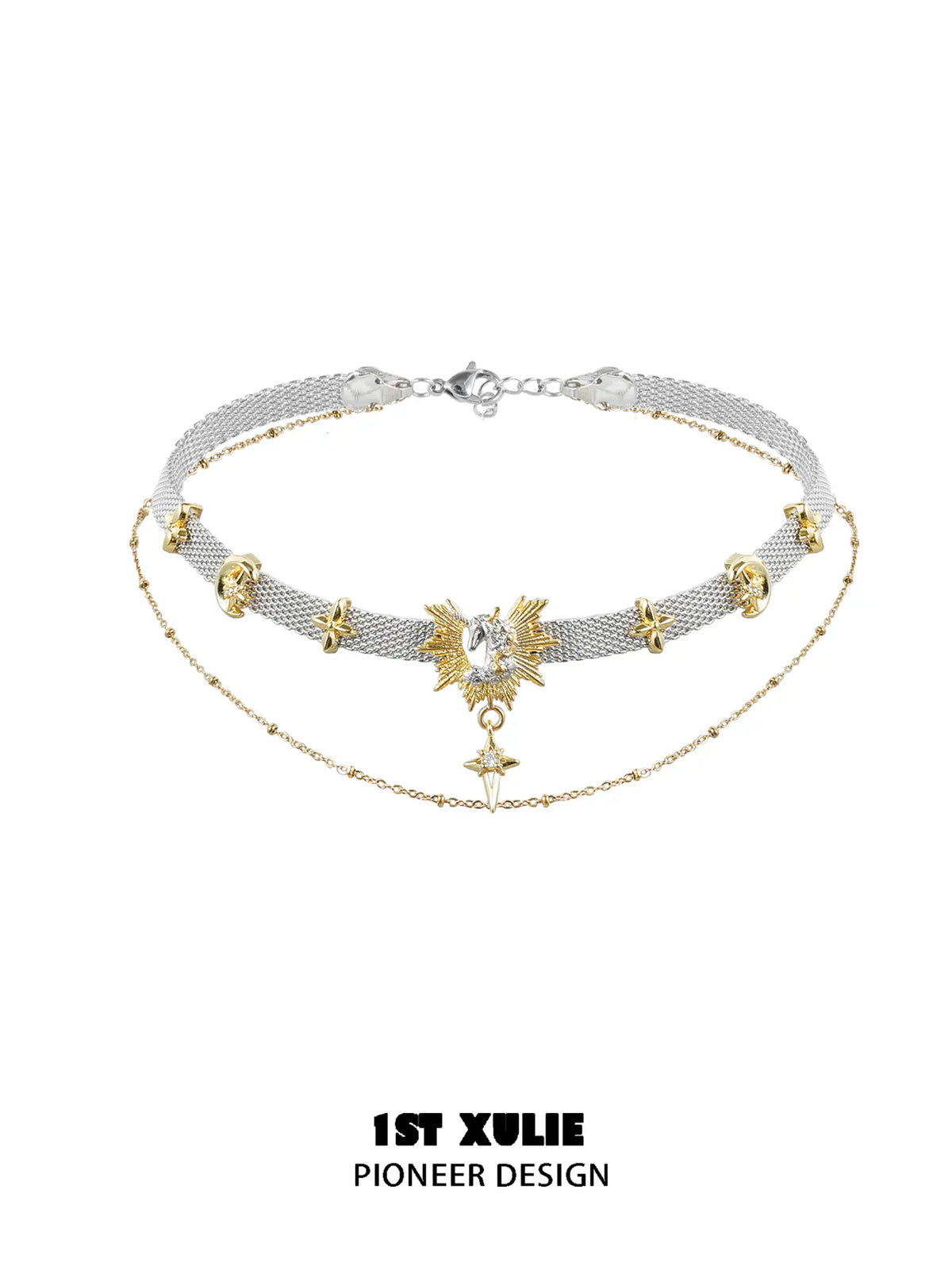 1ST XULIE "DREAM HORSE" Dreamy Unicorn Necklace in 18K Gold and Platinum Plated - On Model Close Up