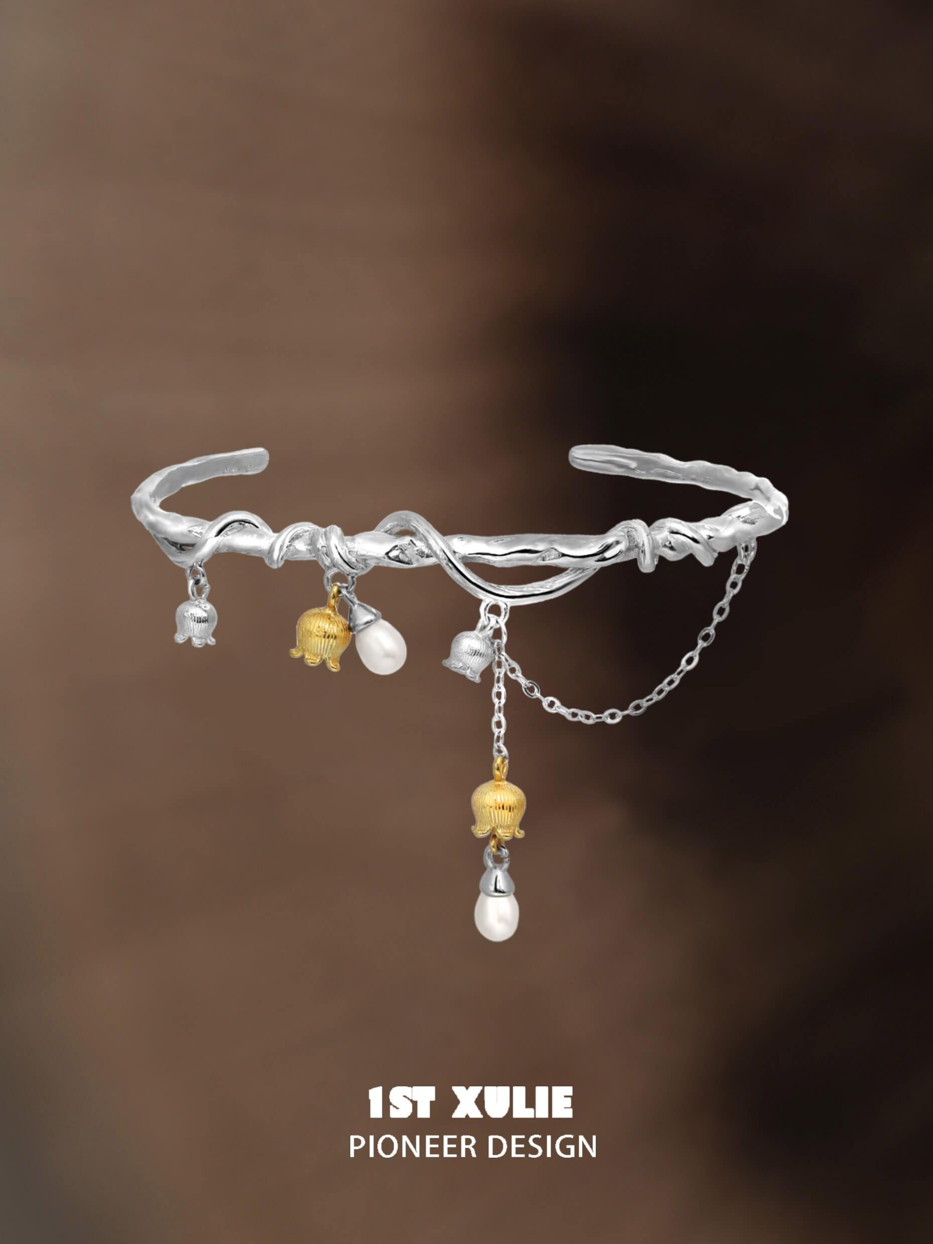 1ST XULIE "Tears of Mermaid" Elegant Tulip Pearl Cuff Bangle in Platinum Plated - On Model
