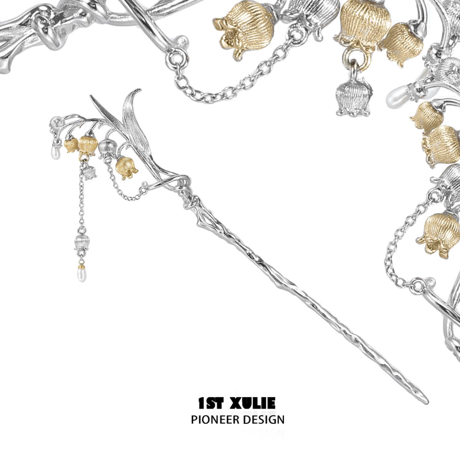 1ST XULIE "Lucky Cat" Elegant Tulip Pearl Hair Pin in Platinum Plated - Detail Shot