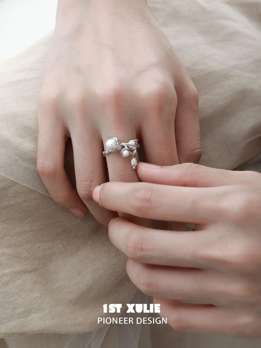 1ST XULIE "Tears of Mermaid" Elegant Tulip Pearl Ring in 925 Sterling Silver - On Model
