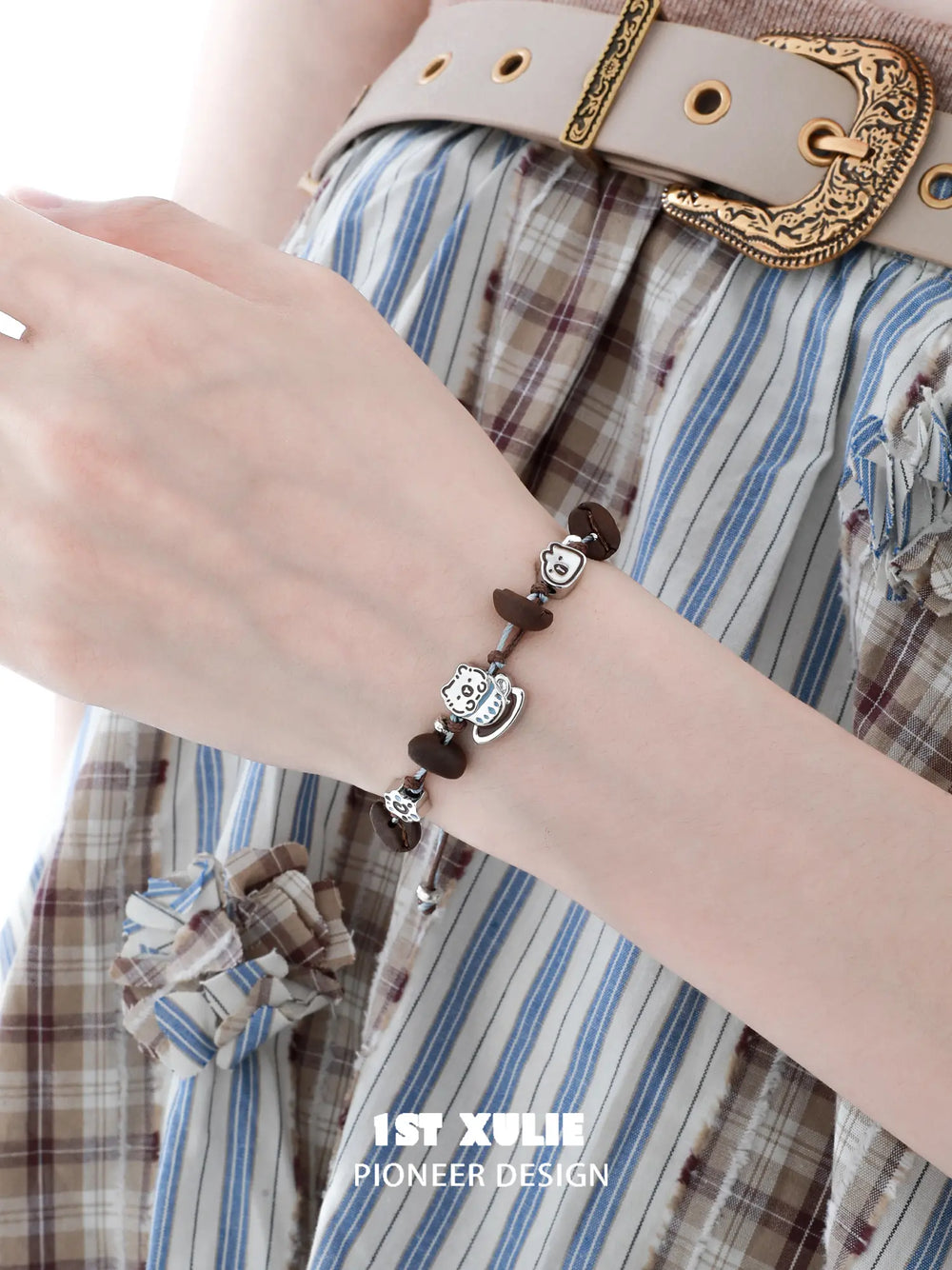 1ST XULIE Jewelry "POUR-OVER CAPYBARA" Enamel Capybara Charm Bracelet in Jeweler's Brass - Lifestyle Shot