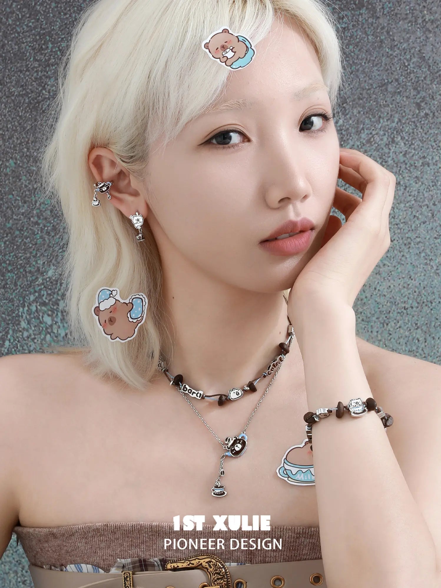 1ST XULIE Jewelry "POUR-OVER CAPYBARA" Enamel Capybara Charm Bracelet in Jeweler's Brass - On Model