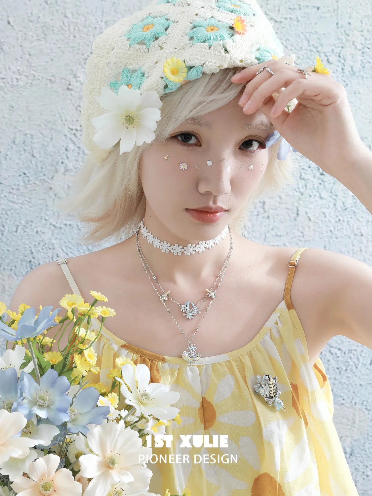 1ST XULIE Jewelry "DAISY" Enamel Daisy Double Layer Pendant Necklace in Platinum Plated - Lifestyle Shot