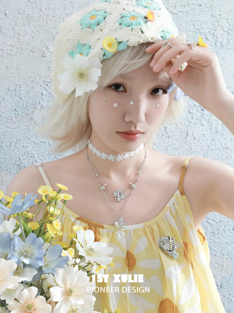 1ST XULIE Jewelry "DAISY" Enamel Daisy Double Layer Pendant Necklace in Platinum Plated - Lifestyle Shot