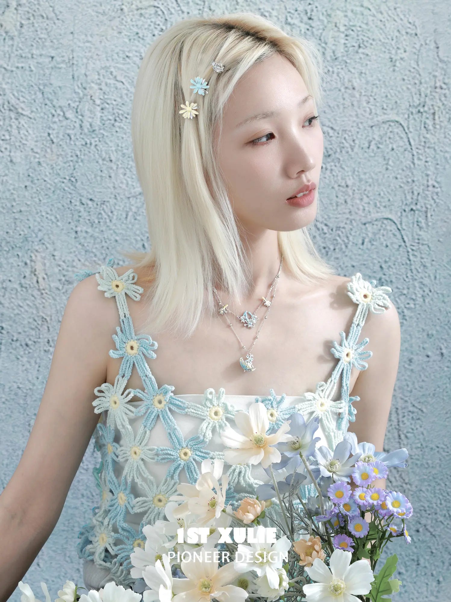 1ST XULIE Jewelry "DAISY" Enamel Daisy Double Layer Pendant Necklace in Platinum Plated - Product View