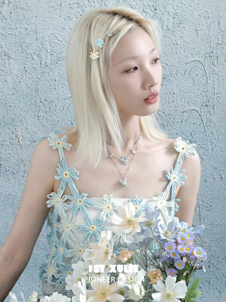 1ST XULIE Jewelry "DAISY" Enamel Daisy Double Layer Pendant Necklace in Platinum Plated - Product View