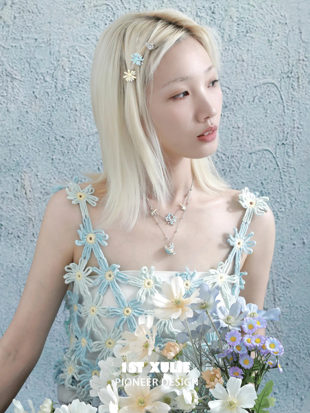1ST XULIE Jewelry "DAISY" Enamel Daisy Double Layer Pendant Necklace in Platinum Plated - Product View