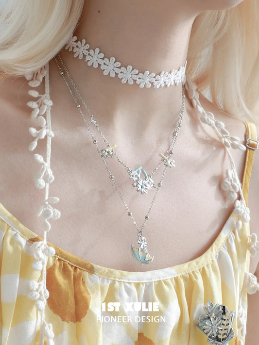 1ST XULIE Jewelry "DAISY" Enamel Daisy Double Layer Pendant Necklace in Platinum Plated - On Model